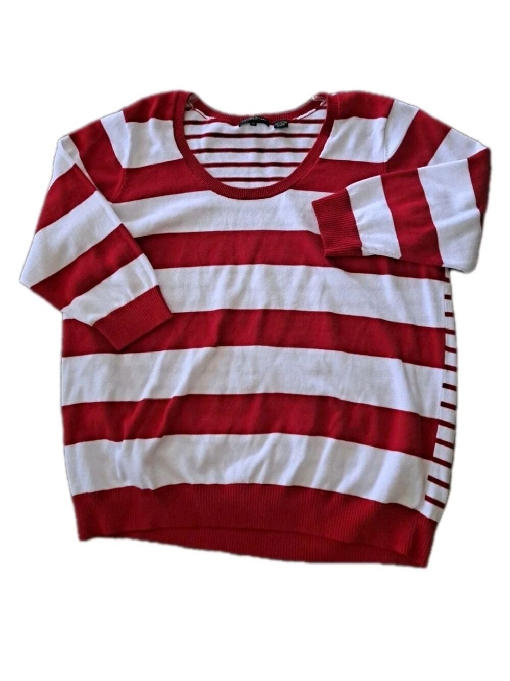 JEANNE PIERRE WOMAN red White Stripe Cotton Sweater 3/4 Sleeve 1X